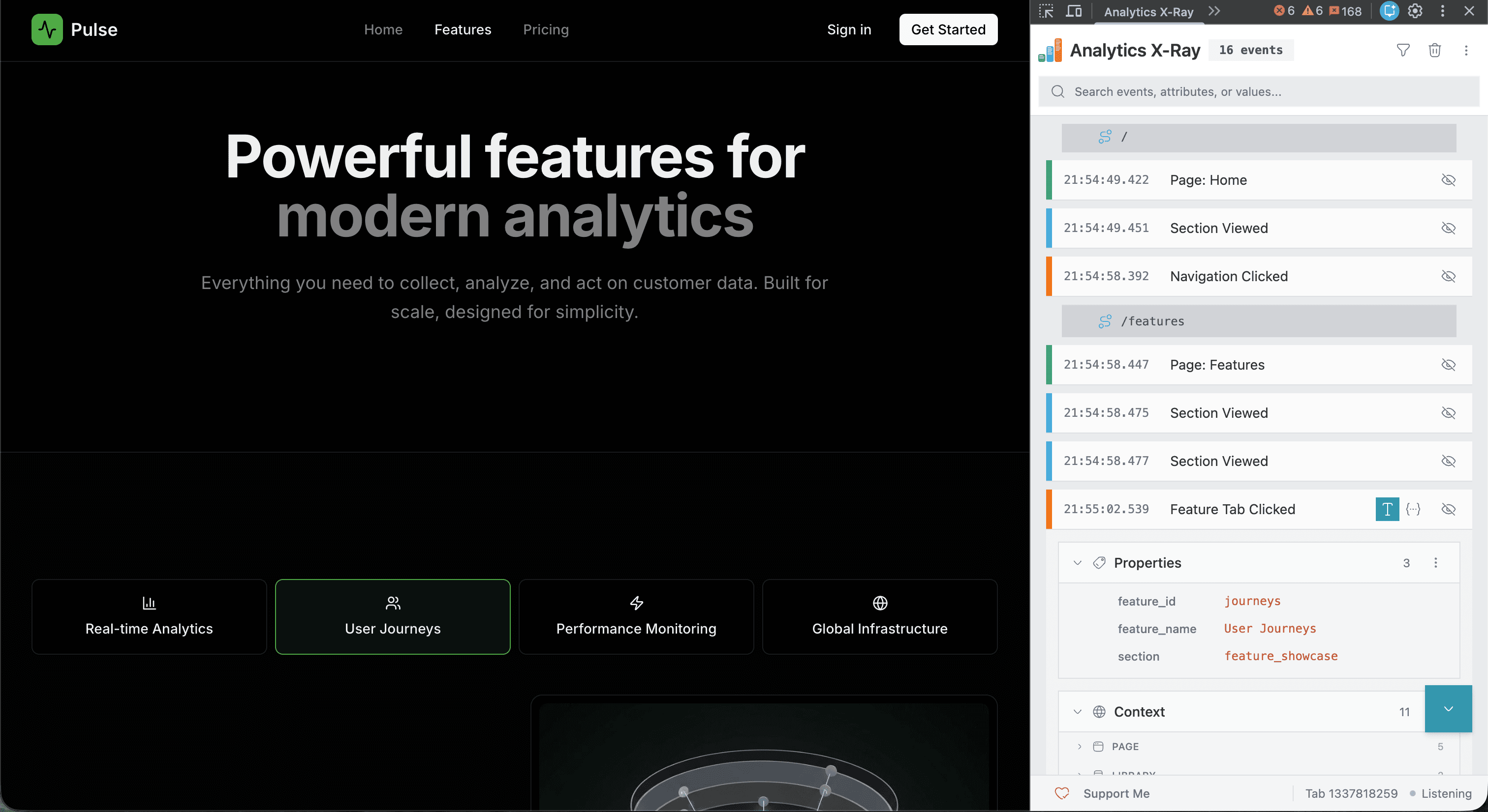 Analytics X-Ray Chrome extension showing real-time analytics event tracking - Image 1