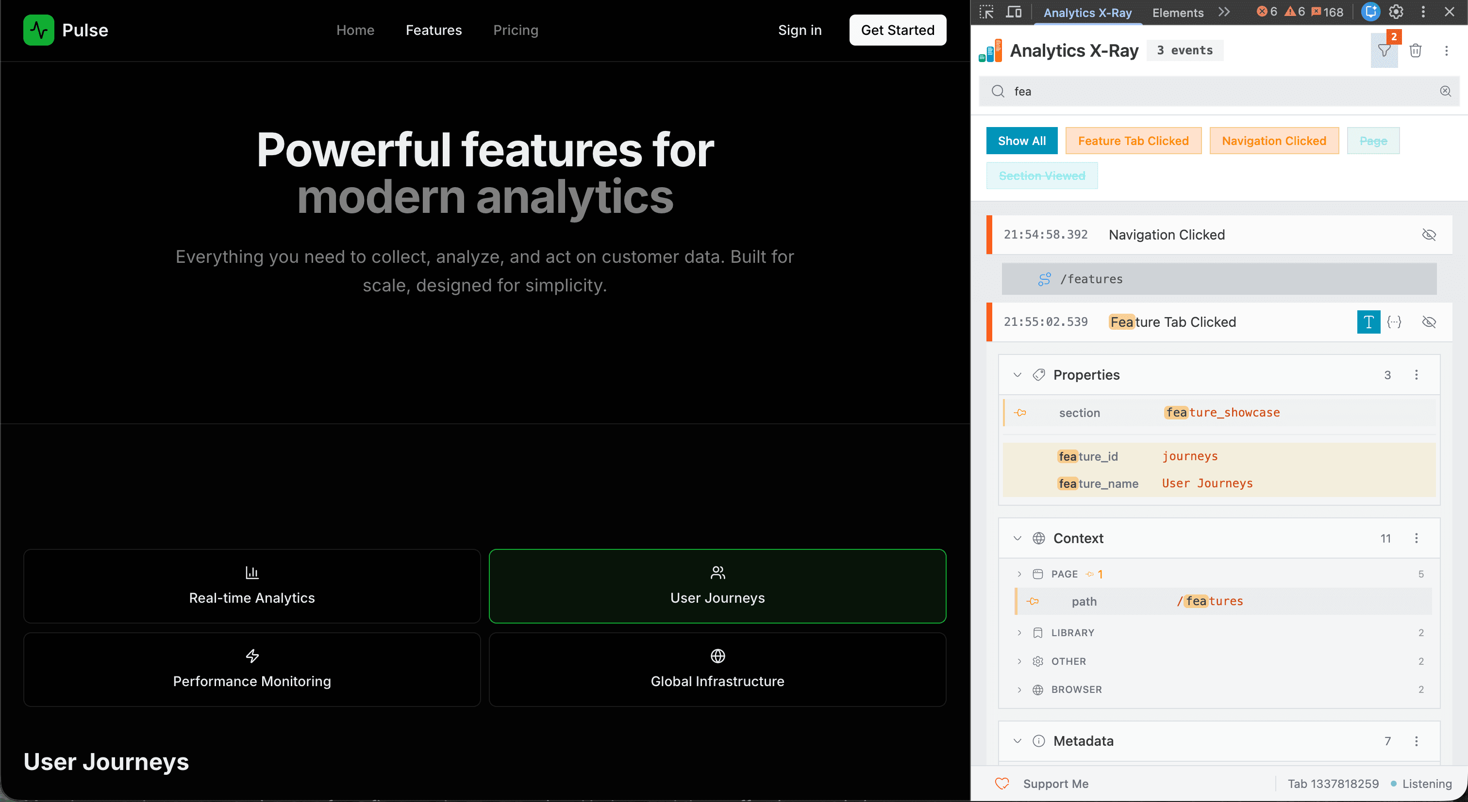 Analytics X-Ray Chrome extension showing real-time analytics event tracking - Image 2