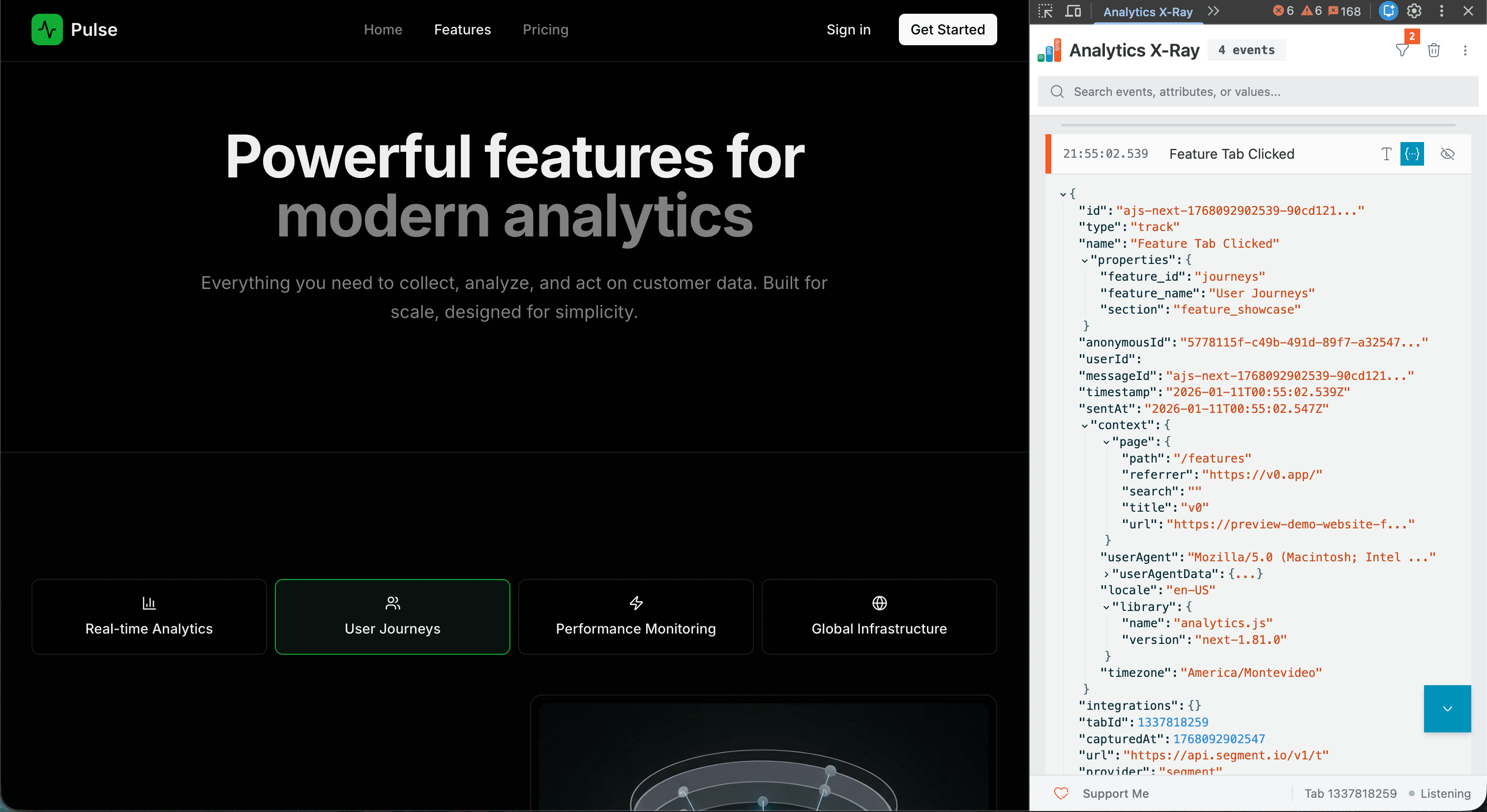 Analytics X-Ray Chrome extension showing real-time analytics event tracking - Image 3